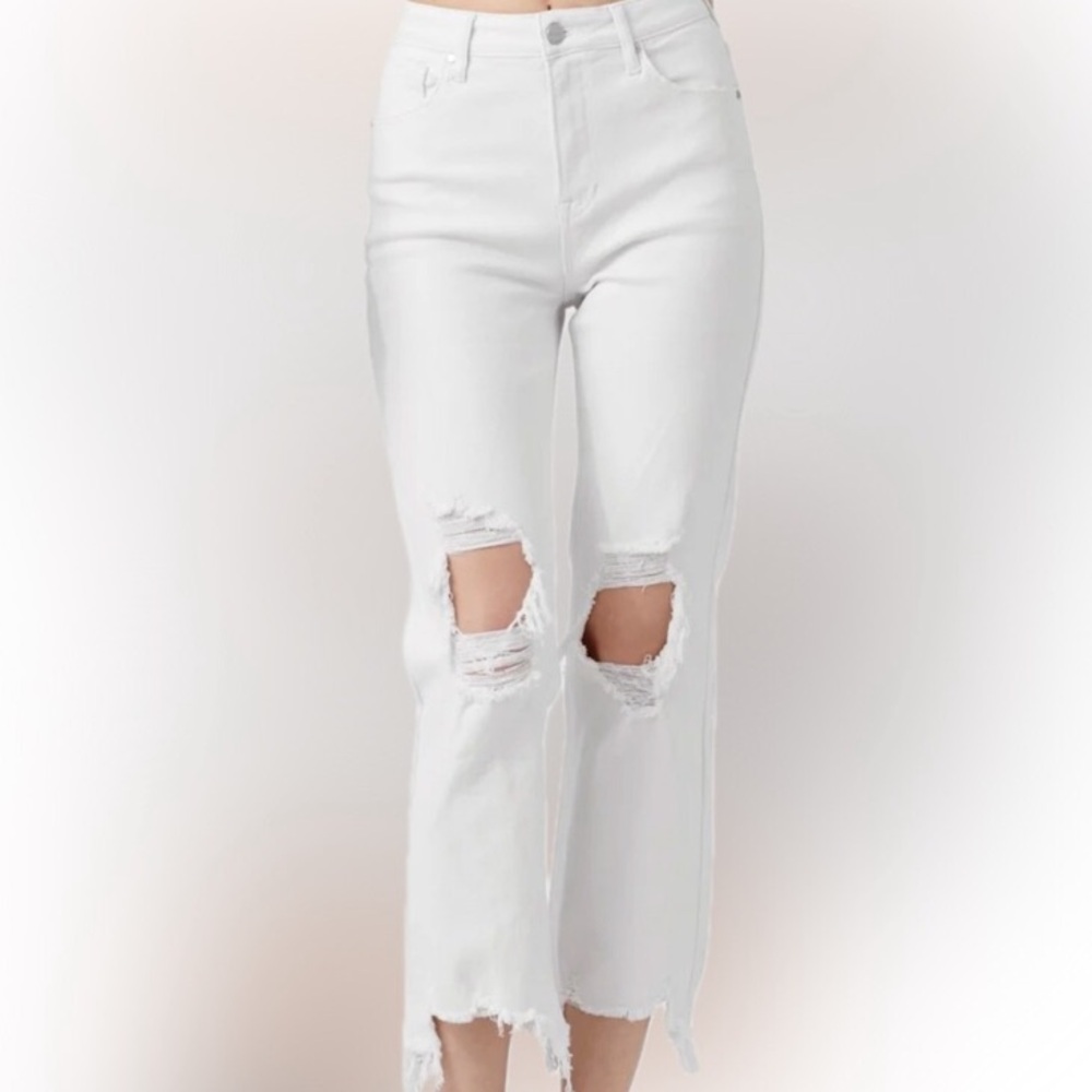 Risen Los Angeles jeans white distressed cropped raw hem 15/32 stretch high rise